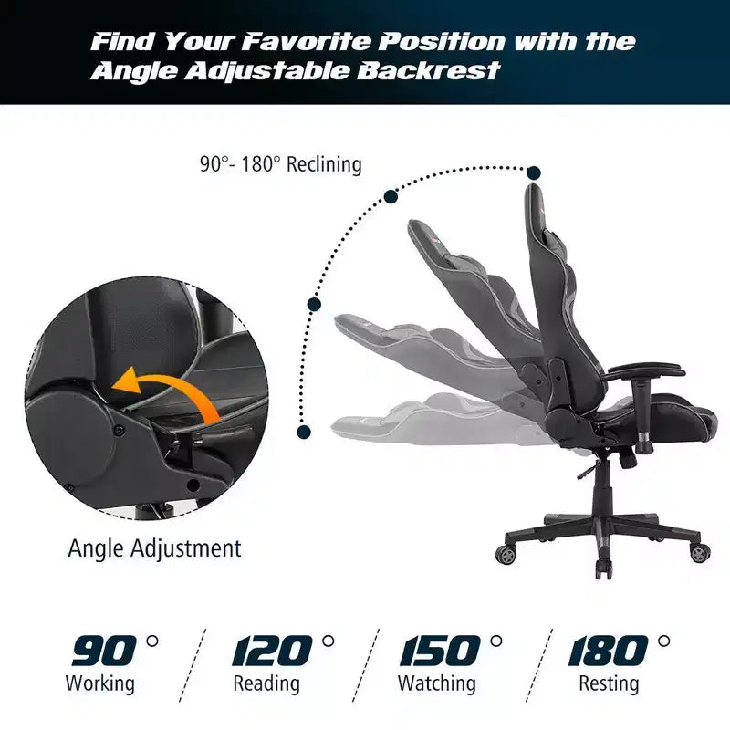 Fauteuil de bureau gaming massant, inclinable, pivotant, style course, avec soutien lombaire