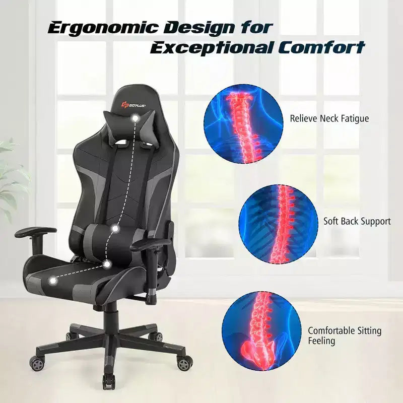 Fauteuil de bureau gaming massant, inclinable, pivotant, style course, avec soutien lombaire