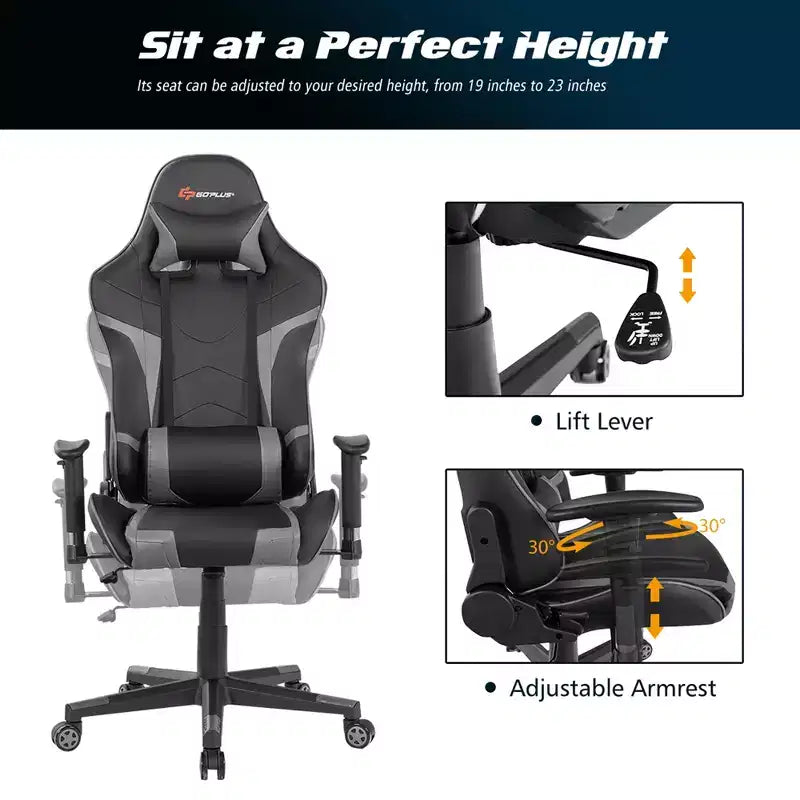 Fauteuil de bureau gaming massant, inclinable, pivotant, style course, avec soutien lombaire