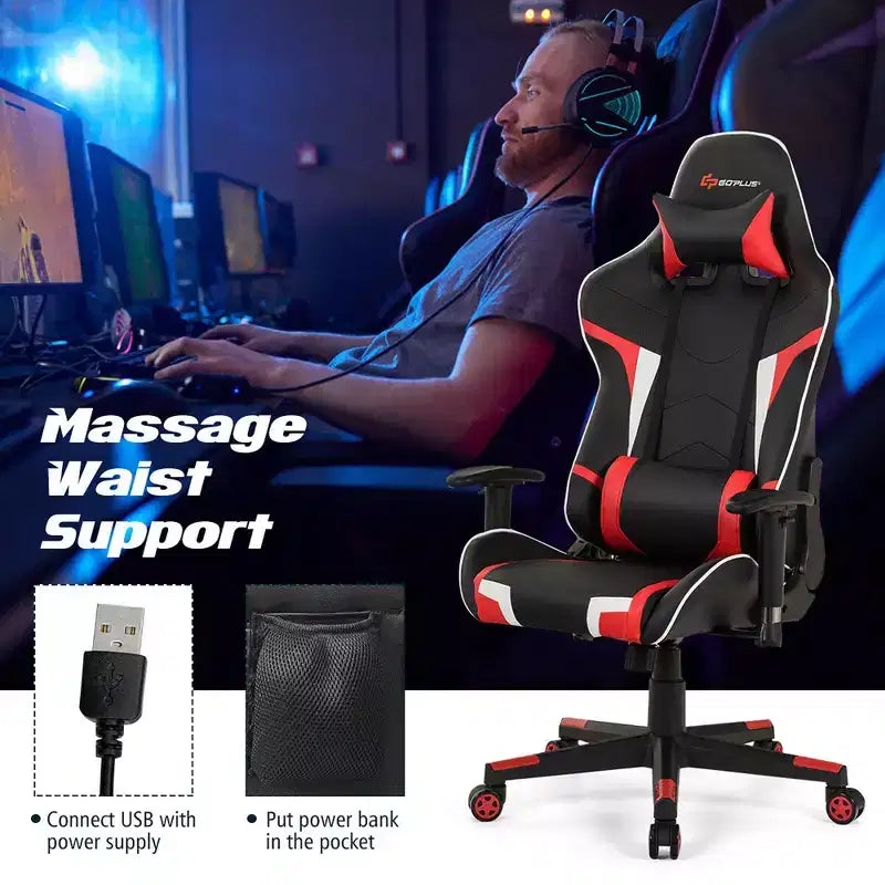Fauteuil de bureau gaming massant, inclinable, pivotant, style course, avec soutien lombaire