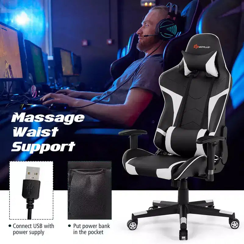 Fauteuil de bureau gaming massant, inclinable, pivotant, style course, avec soutien lombaire