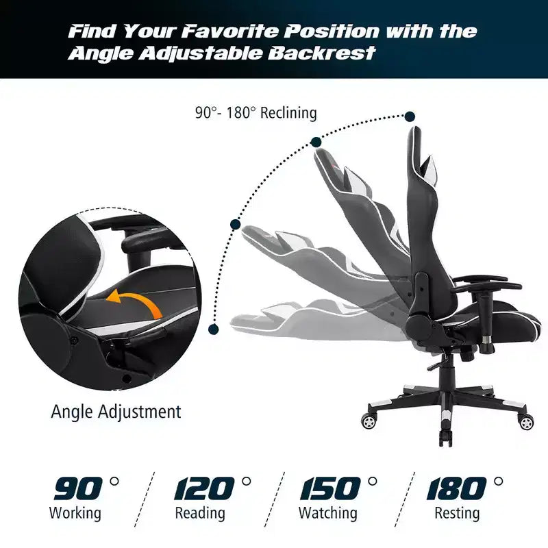 Fauteuil de bureau gaming massant, inclinable, pivotant, style course, avec soutien lombaire