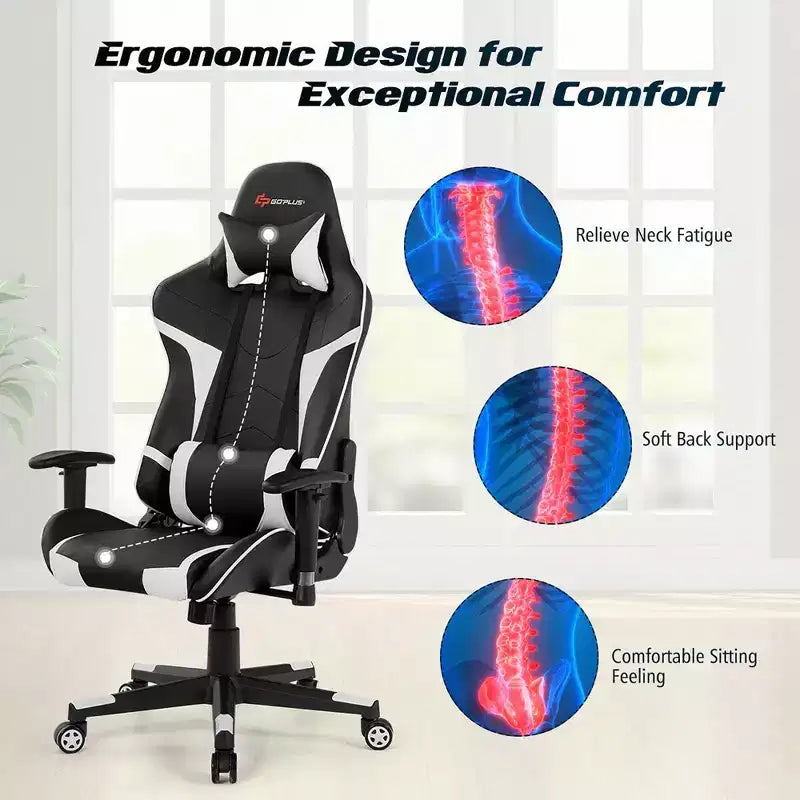 Fauteuil de bureau gaming massant, inclinable, pivotant, style course, avec soutien lombaire