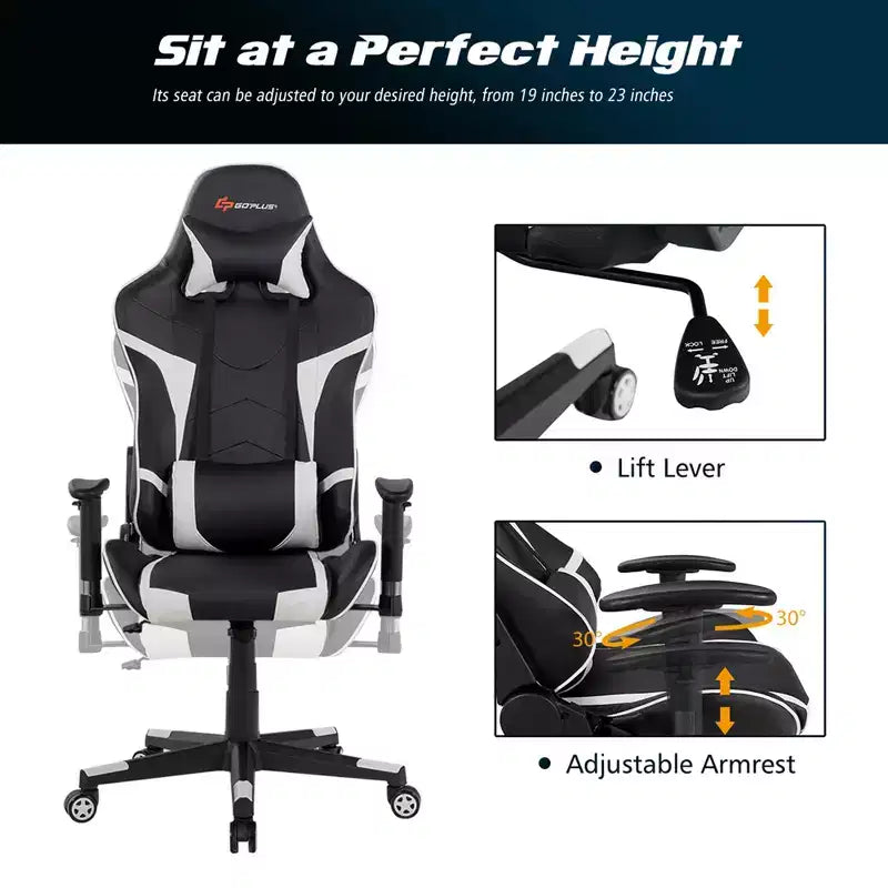 Fauteuil de bureau gaming massant, inclinable, pivotant, style course, avec soutien lombaire