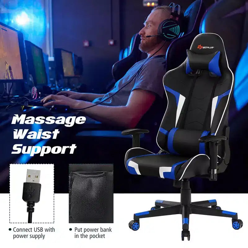 Fauteuil de bureau gaming massant, inclinable, pivotant, style course, avec soutien lombaire