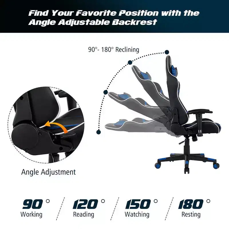 Fauteuil de bureau gaming massant, inclinable, pivotant, style course, avec soutien lombaire