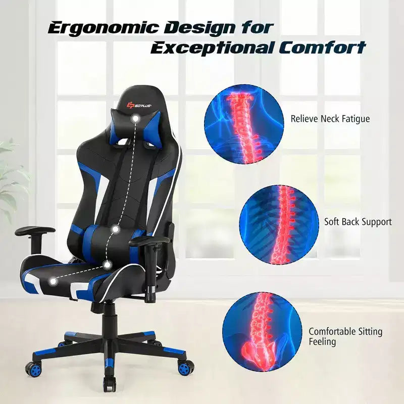 Fauteuil de bureau gaming massant, inclinable, pivotant, style course, avec soutien lombaire