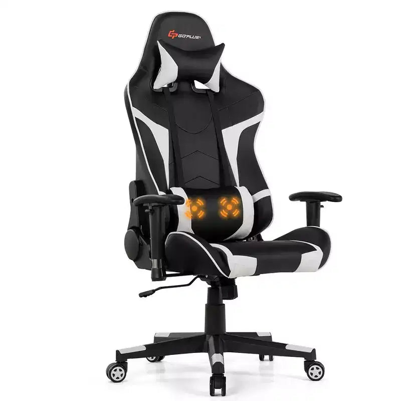 Fauteuil de bureau gaming massant, inclinable, pivotant, style course, avec soutien lombaire