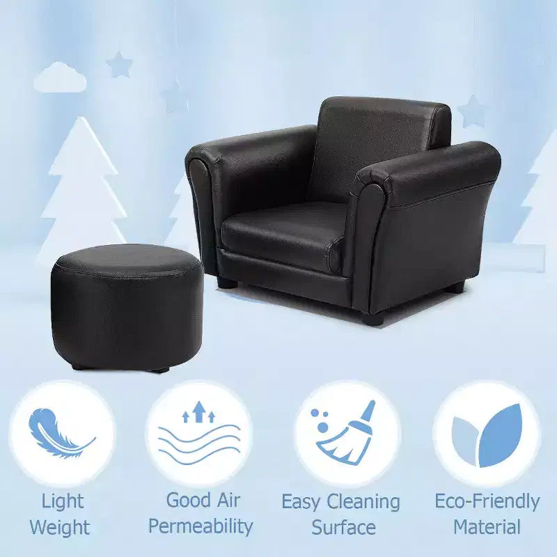 Fauteuil pour enfant avec accoudoirs et ottoman, noir, 3-9 ans