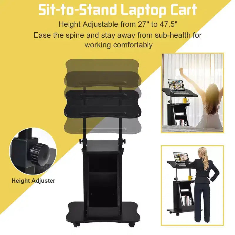 Bureau d'ordinateur portable assis-debout, chariot roulant mobile réglable en hauteur, lot de 2