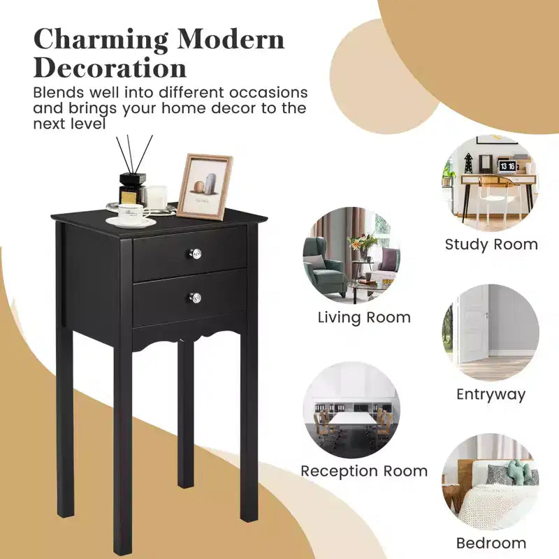 Table d'appoint Chevet avec 2 tiroirs, Noir