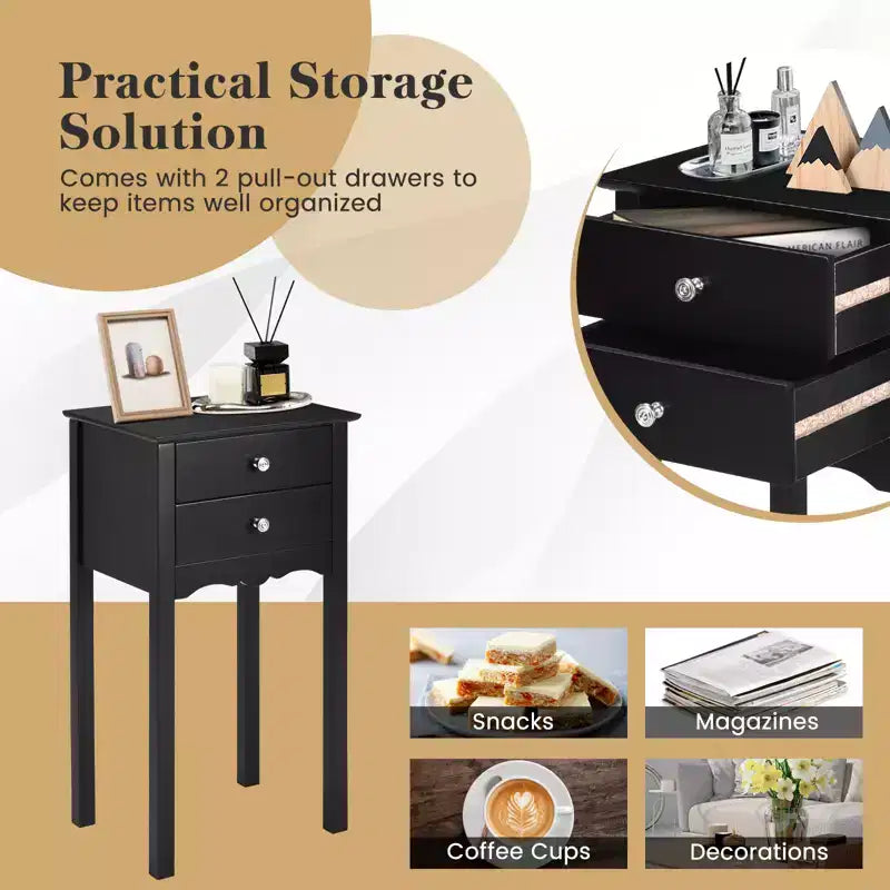Table d'appoint Chevet avec 2 tiroirs, Noir