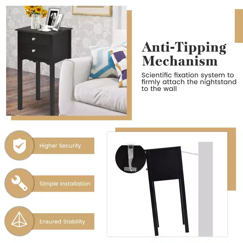 Table d'appoint Chevet avec 2 tiroirs, Noir