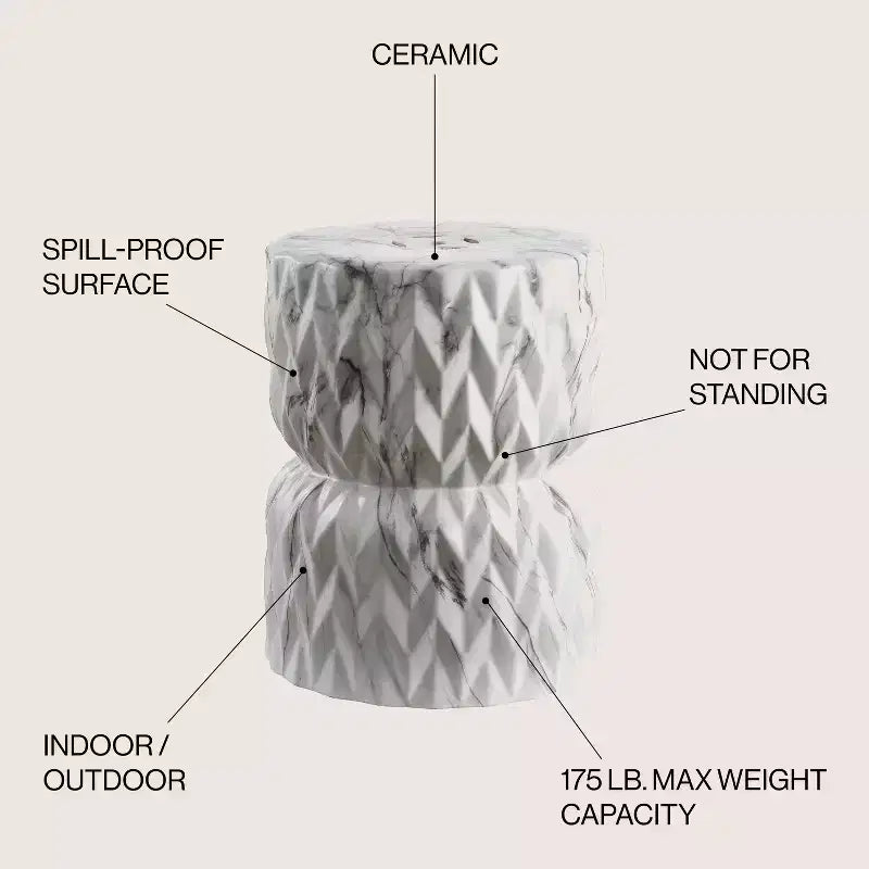 Tabouret de jardin/table d'appoint en céramique , 44,5 cm finition marbre blanc