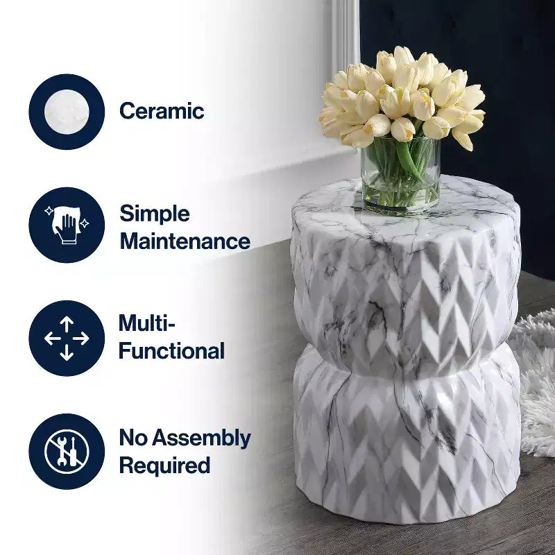 Tabouret de jardin/table d'appoint en céramique , 44,5 cm finition marbre blanc
