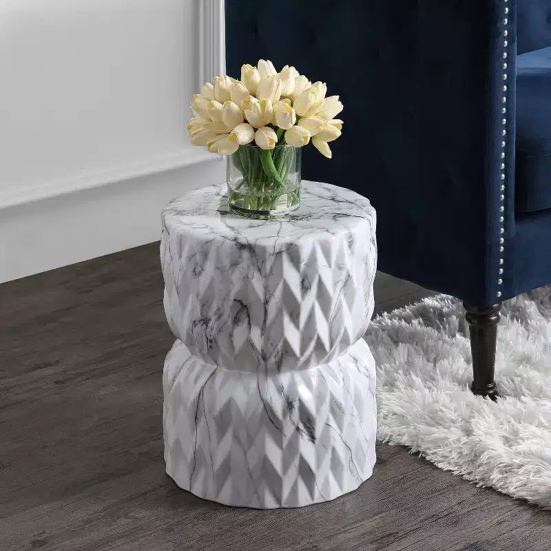 Tabouret de jardin/table d'appoint en céramique , 44,5 cm finition marbre blanc