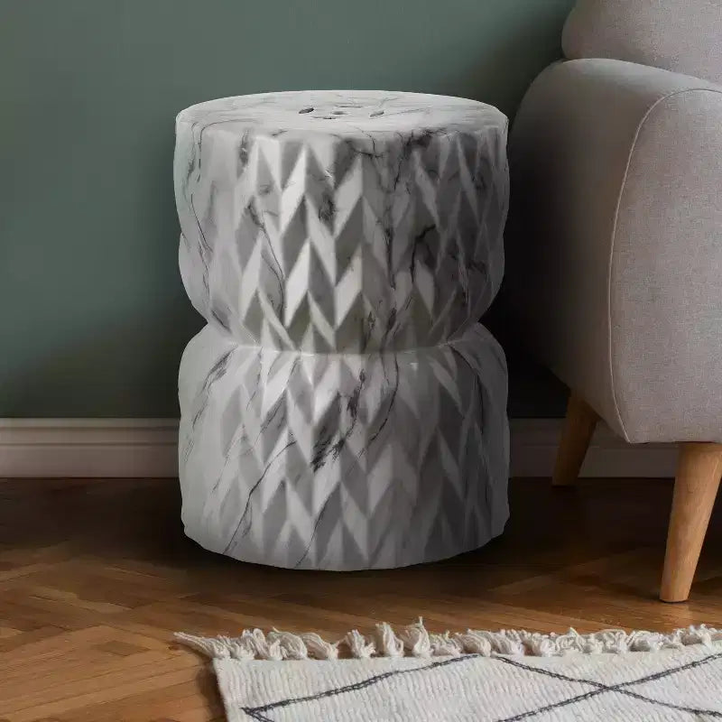 Tabouret de jardin/table d'appoint en céramique , 44,5 cm finition marbre blanc