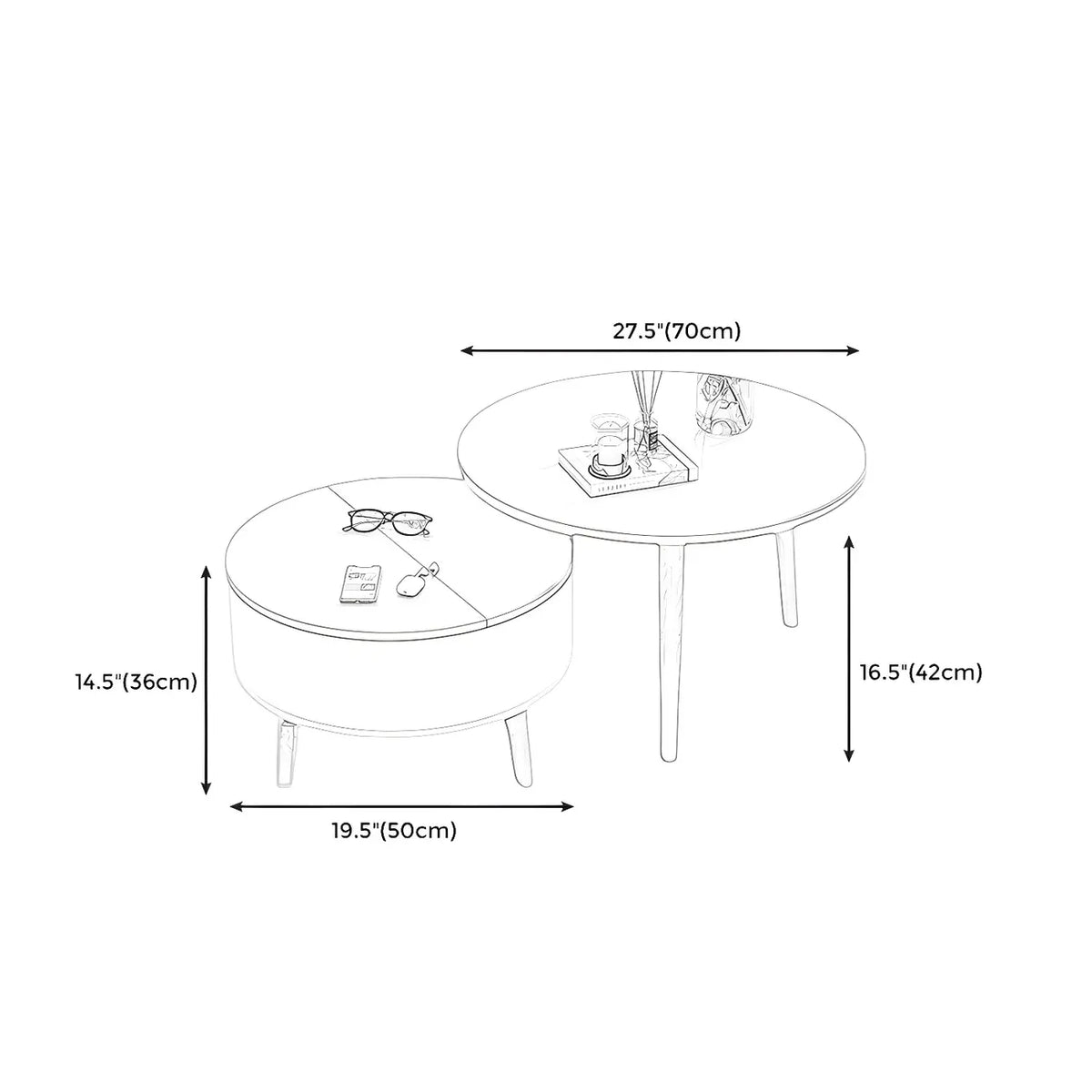 Table basse ronde moderne en bois noir et blanc avec rangement