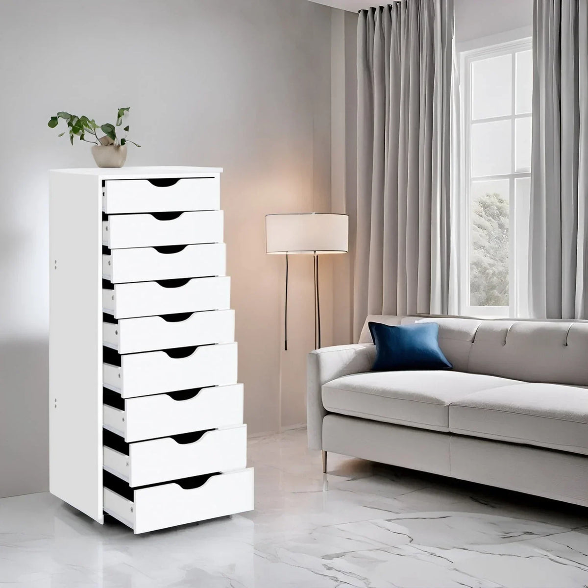 Étroite commode en bois à 9 tiroirs coulissants et étagère de rangement supérieure