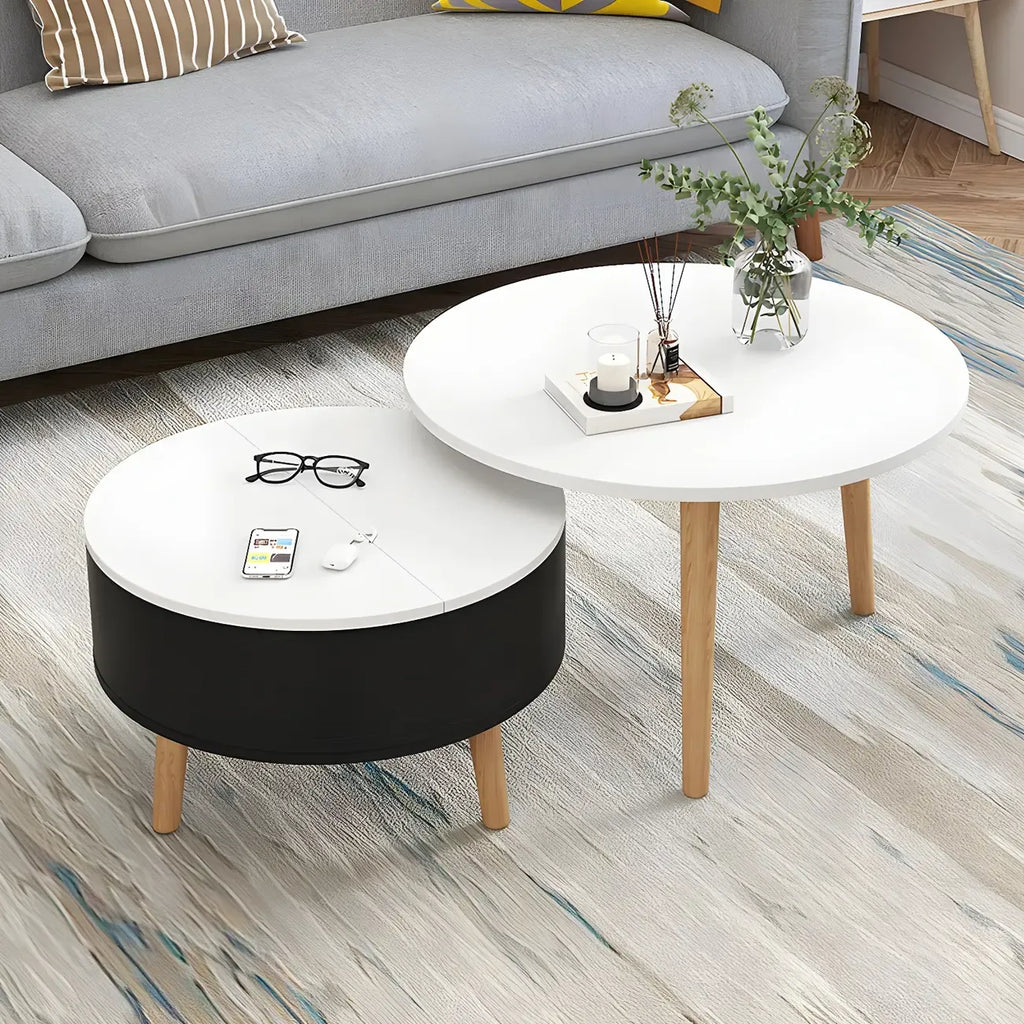 Table basse ronde moderne en bois noir et blanc avec rangement