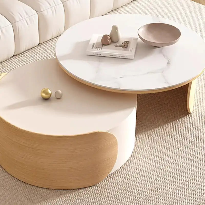 Table basse ronde moderne, plateau en pierre, bois naturel - 50 x 31,5